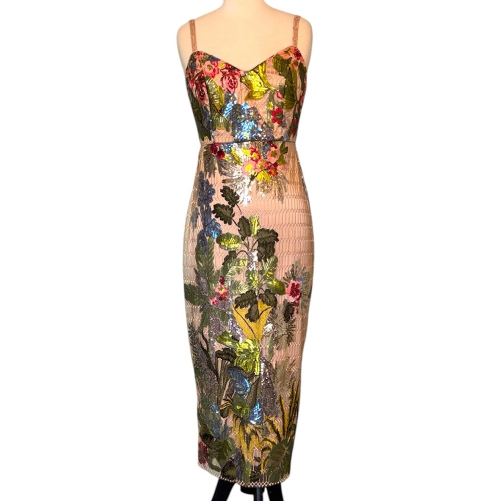 Boston Proper bold  Floral Sequin mesh midi  Dress Sz 6 - Picture 4 of 16